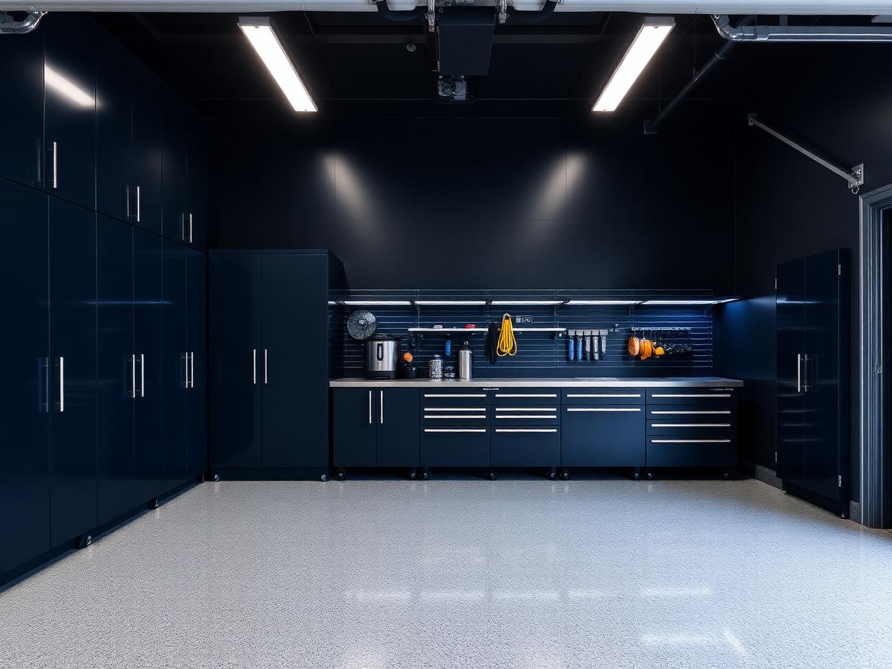 Garage professionnel aménagé avec rangements sur mesure