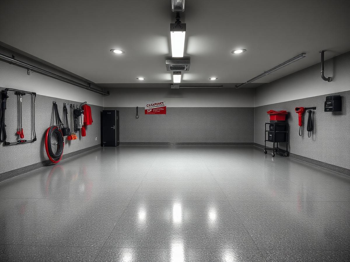Sol de garage en résine époxy brillante avec éclairage LED